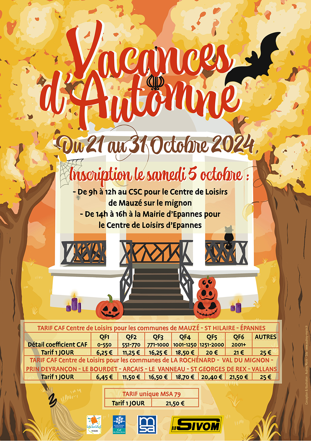 Affiche donnant des informations sur les vacances d'automne d'un centre de loisirs